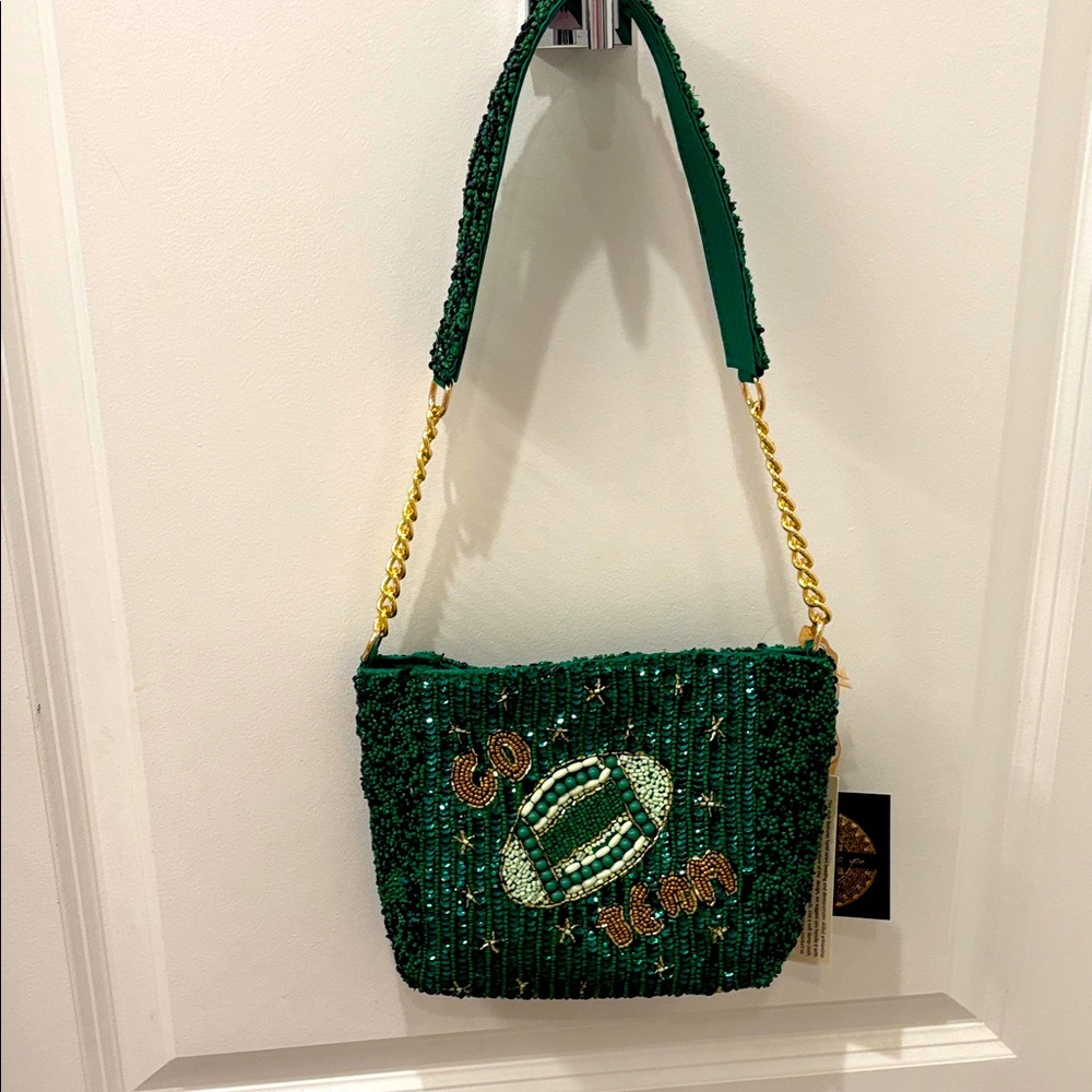 NWT Green and gold Beaded football Go team Bag